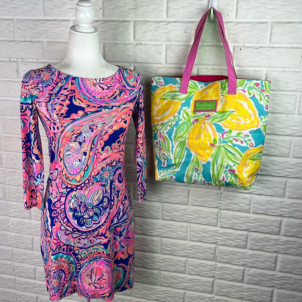 LILLY PULITZER Sophie Blue Drop Me A Lime Jersey Tunic Dress NWOT Sz XXS TOTE